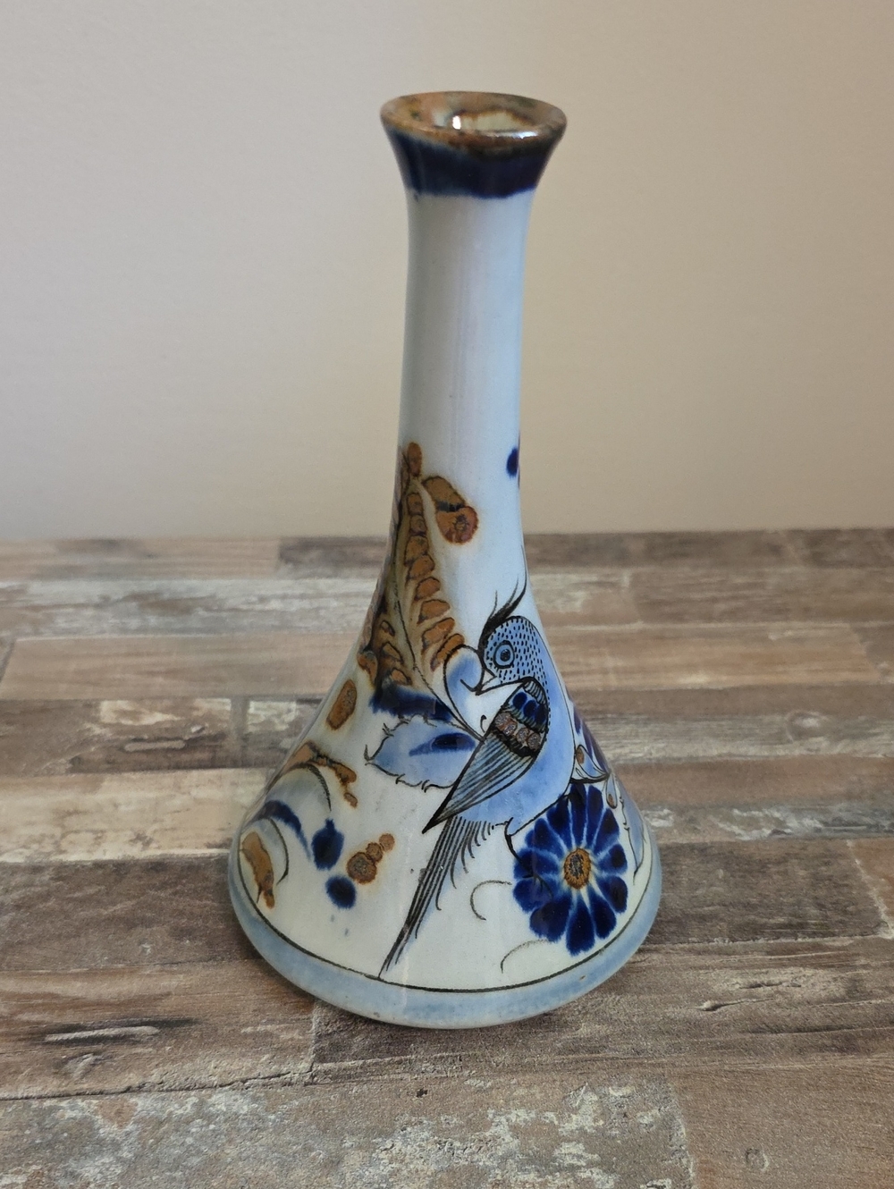 Tonala Blue & White Ceramic Bird Bud Vase